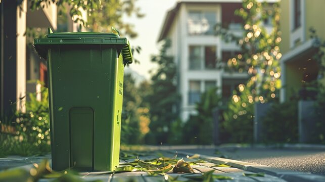 Green plastic trash bin in front of a house. No trash on the road. Keeping areas clean and free of waste is important for health and the environment.