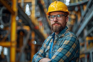 A worker with a beard and glasses in a plaid shirt and yellow hard hat stands confidently