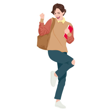 Joyful young student celebrating success dressed in casual autumn clothes with a loose sweater. Woman in a celebration pose with book and backpack. Vector flat style illustration set isolated on white