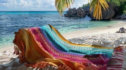 Beach towel 3d style draped over a lounge chair, colorful