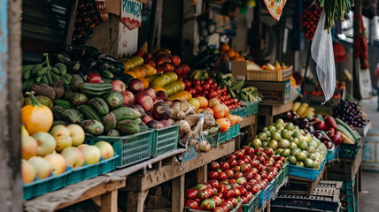 A vibrant market stall overflowing with fresh fruits and vegetables. - Powered by Adobe