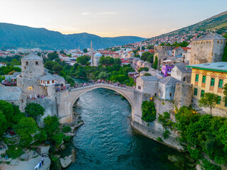 Sunset view of the old Mostar bridge in Bosnia and Herzegovina