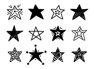 Hand drawn vector stars collection isolated on white background. Doodle variations of blask and white stars - obrazy, fototapety, plakaty