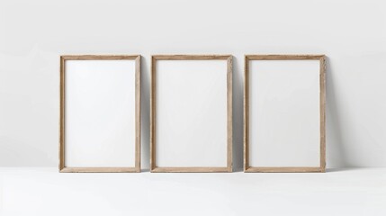 Three blank portrait frames mockup. Minimalist wooden frames