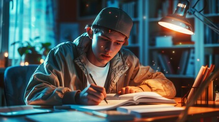 AI generated image of a teenager writing homework
