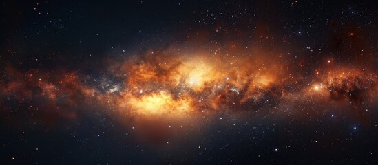 An astronomical image featuring a remote galaxy filled with shimmering stars set against a strikingly bright orange galaxy in the background