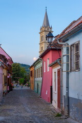 Colourful street in the old town of Sighisoara, Romania