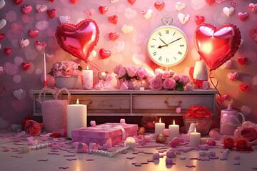 Romantic valentine's day setting with heart balloons and roses