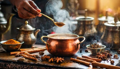 An atmospheric scene depicting the process of brewing masala chai in a traditional Indian - obrazy, fototapety, plakaty