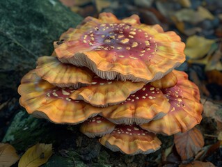 A pile of mushrooms with orange caps and brown stems. The mushrooms are piled on top of each other and are surrounded by leaves