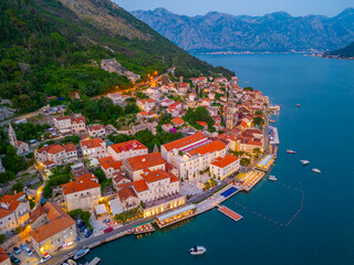 Sunset aerial view of Perast in Montenegro - obrazy, fototapety, plakaty