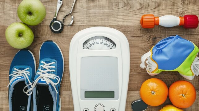 A picture from above of scales, healthy food, and exercise gear on a wooden background. This is related to losing weight.