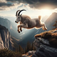 a goat jumping over a cliff with mountains in the background