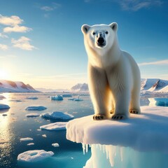 a polar bear on ice with the sun behind it