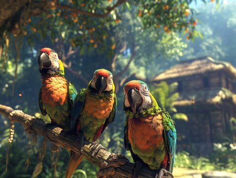 Three colorful parrots are perched on a branch in front of a house. The birds are in various shades of green and red, and they seem to be enjoying their time on the branch. The scene has a peaceful