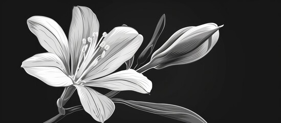 A closeup monochrome photograph of a flower on a black background highlights the intricate details of the herbaceous plants petals in the darkness