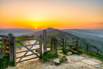 The Great Ridge at sunrise. Mam Tor hill in Peak District. United Kingdom 