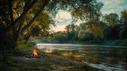 A peaceful riverside campsite bathed in the soft light of a summer evening, with a crackling campfire casting shadows on the trees. - obrazy, fototapety, plakaty