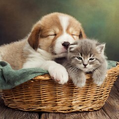 Cute puppy and kitten sleeping in a basket