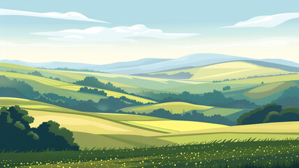 A peaceful countryside landscape with rolling hills and a clear blue sky.