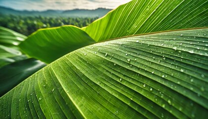 An exotic close-up of a banana leaf, highlighting its rich green color and intricate texture - obrazy, fototapety, plakaty