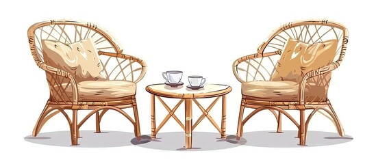 A set of two wicker chairs with armrests and a small rectangular table, crafted from hardwood. The outdoor furniture set includes two cups of coffee as an artful touch - obrazy, fototapety, plakaty