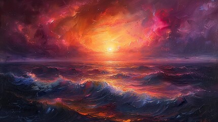 Impasto, starry sky and sea, a singular of texture and depth, capturing the ethereal beauty and mystique of celestial bodies reflected in the vastness of the ocean.