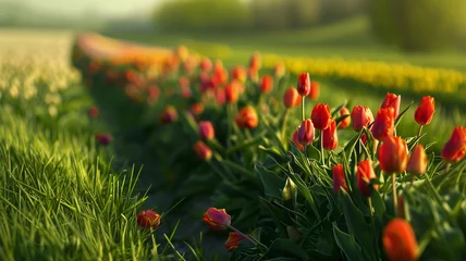 Fotobehang A lush green field with rows of vibrant tulips swaying in the summer breeze. © CREATER CENTER