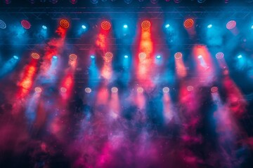Dramatic display of stage illumination with blue and red colors through smoke at a live performance...