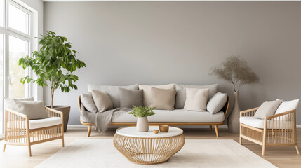 Modern living room interior with sofa armchairs coffee table and plants