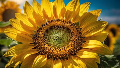 An intimate view of a blooming sunflower, capturing the intricate patterns of its golden