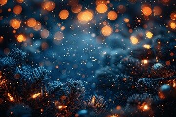 Winter holiday scene with sparkling bokeh lights on a backdrop of deep blue snow-covered pine branches - Powered by Adobe
