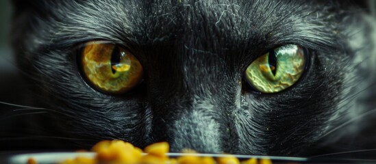 A curious cat gazes intently at a plate filled with food in front of it, its whiskers twitching with interest