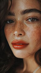 a closeup shot of a spanish fashion model looking at camera with eye lashes lipstick full makeup volume of hair straight face looking at camera smiling, vogue photoshoot - generative ai