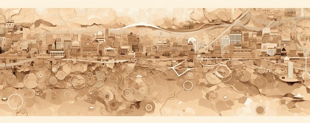 Tan and white pattern with a Tan background map lines sigths and pattern with topography sights in a city backdrop 