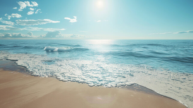 A tranquil beach with calm waves and a clear sunny sky above.