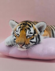 close-up photo of tiger cub sleeping on pale pink cushion. concept of rest and pampering.