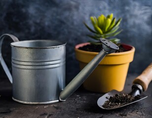 metal watering can, small gardening shovel, and potted succulent plant on dark rustic slate background. macro photo of gardening implements. 