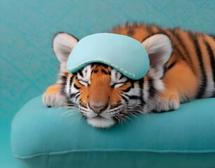 close-up photo of sleepy tiger cub taking a nap with a teal blue sleep mask. concept of rest and relaxation. 