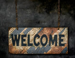 multicolor rustic industrial welcome sign hanging from rusty metal chains on dark slate background