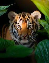 macro photo of a tiger cub surrounded by big green leaves with a dark background