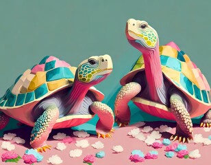 3d-style illustration of two colorful pastel mosaic tortoises. fun art with pink and teal background and floral confetti.