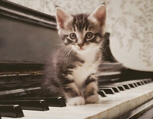 photo of cute tabby kitten sitting on a vintage piano