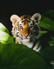 macro photo of a tiger cub surrounded by big green leaves. dim light photography