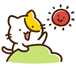 布団から起き上がって挨拶するかわいいねこのキャラクターのデフォルメイラスト