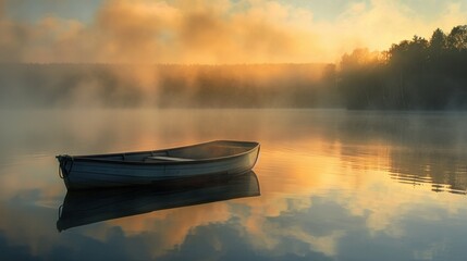 A boat floats still on a serene lake, shrouded in a veil of morning fog. - obrazy, fototapety, plakaty