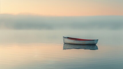 A boat floats still on a serene lake, shrouded in a veil of morning fog. - 779276963