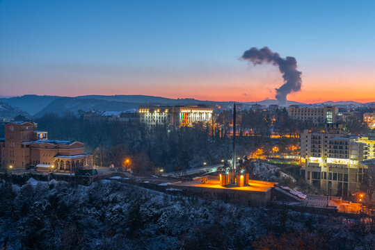 Sunset view of State Art Gallery Boris Denev and the asenovtsi memorial in city of Veliko Tarnovo, Bulgaria