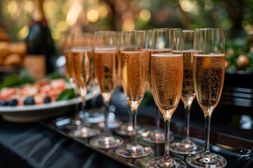 A close-up of sparkling champagne flutes, elegantly arranged for a special toast at a celebratory event or reception