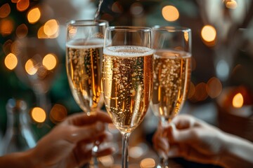 People celebrating together, toasting with champagne glasses amidst warm glowing lights, signifying joy and togetherness
